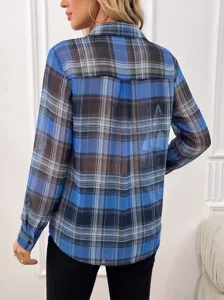 Plus size blue plaid chiffon sun protection shirt, casual long sleeve summer top new.
