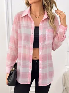 Women's stylish pink plaid chiffon sun protection shirt casual loose summer lightweight top