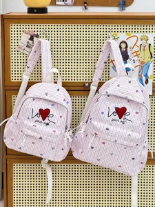 Cute Japanese style pink plaid school backpack for teenage girls casual daily travel bag.