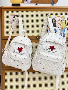 Japanese style ins plaid casual school backpack women sweet heart embroidery rucksack