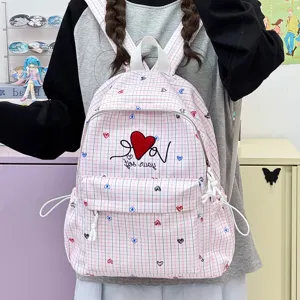 Sac à dos à carreaux rose style ins japonais décontracté pour femme école collège voyage