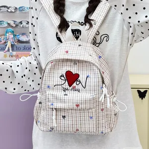Sac à dos à carreaux décontracté style japonais pour femme fille cartable mignon cœur