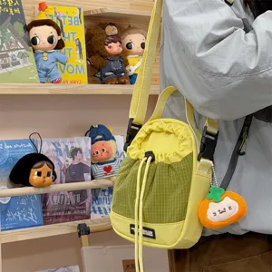 Yellow Green Colorblock Crossbody Bag Small Drawstring Backpack for Outdoor Hiking