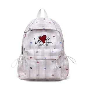 Pink plaid school backpack for women and students, casual daily casual daypack with heart pattern.