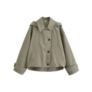 Women short hooded trench coat casual buttoned jacket green fashion outerwear details