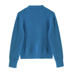 Blauwe ronde hals gebreid vest achterkant detail dames mode trui comfortabele dagelijkse kleding