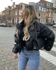 Women casual stand collar solid black leather puffer jacket winter warm outerwear detail view