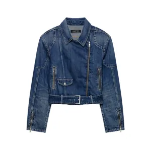 Klassiek blauw denim bikerjack voor dames met asymmetrische rits en bijpassende riem.
