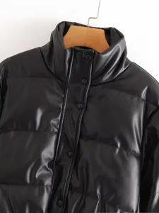 Women black faux leather stand collar puffer jacket winter warm chic casual outerwear coat