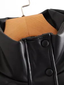 Detailed view of women black faux leather stand collar padded jacket winter fashion