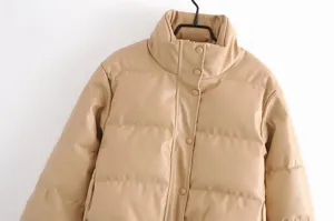 Women PU leather puffer jacket stand collar casual warm winter solid coat detail view