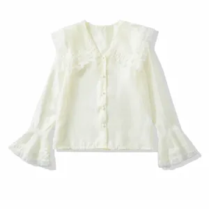 Blusa de Mujer de Estilo Vintage Francés con Cuello Peter Pan de Encaje Elegante Patchwork Manga Acampanada de una Sola Fila
