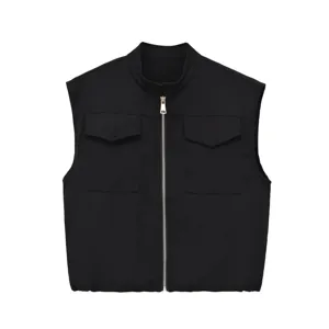 Stylish black mock neck utility vest featuring front zipper and dual chest pockets for women.
