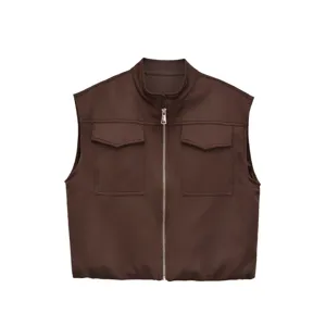 Women brown stand collar zip up vest casual commuter sleeveless top outerwear stylish new fashion