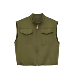 Olive green stand collar zip vest with dual chest pockets, casual sleeveless outerwear.