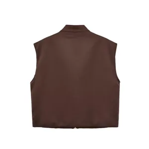 Dark brown stand collar loose vest back view detail showing smooth fabric and zipper hem.