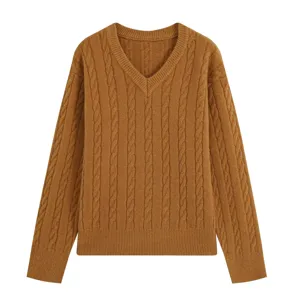 Women brown V-neck long sleeve cable knit sweater detail view showing the classic texture.