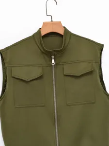 Detailed view of the olive green stand collar casual vest with chest pockets and zipper.