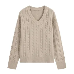 Beige V-neck cable knit sweater for women, elegant long sleeve pullover top for daily commute.