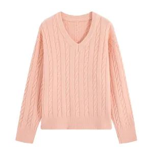Pink V-neck knit sweater long sleeve casual pullover details showing fine cable texture.