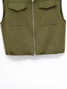 Army green utility vest detail view, front metal zipper closure, dual chest pockets design