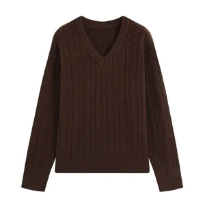 Detailed view of the dark brown V-neck cable knit sweater, showing fine texture and long sleeves.