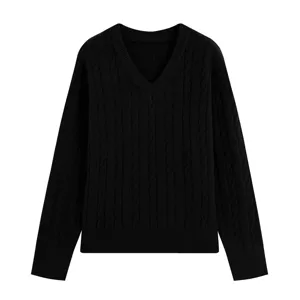 Black V-neck cable knit sweater detail, women long sleeve classic winter autumn apparel.