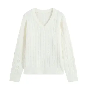 Classic white V-neck cable knit sweater for women, elegant long sleeve casual pullover top.