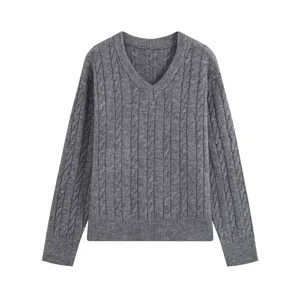 Grey V-neck cable knit sweater for women, long sleeve casual pullover top for autumn.