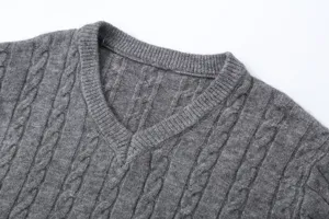 Close-up detail shot of stylish grey V-neck cable knit sweater texture and fine collar