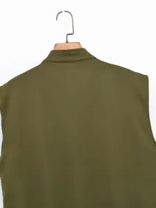 Close-up detail view showcasing the olive green stand-up collar loose vest back design.