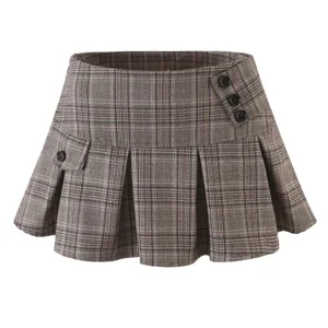 Stylish brown plaid pleated mini skirt for women, chic high waist design with button details.