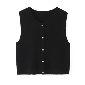 Detailed view of a black knit vest, featuring a classic round neck and elegant gold-tone buttons.