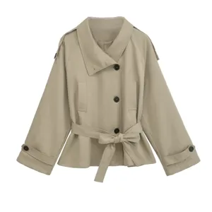Womens short trench coat lapel button long sleeve belted loose casual jacket autumn style