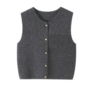 Womens dark grey knit vest cardigan, classic round neck sleeveless button down knitted waistcoat.
