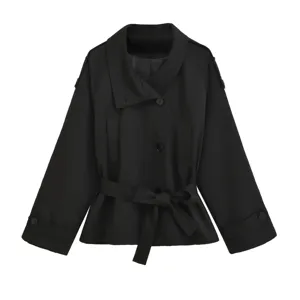 Women black lapel long sleeve short trench coat with belt stylish casual outerwear spring autumn