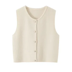 Knit vest detail view, featuring a classic round neck and pearl-like button closure.