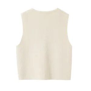 Beige knit vest detail, soft sleeveless fabric, elegant round neck, basic style top.