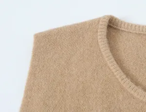 Camel knit sweater vest for women, cozy sleeveless round neck top, casual autumn daily wear