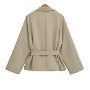 Detailed back view of a beige short trench coat featuring a stylish waist belt and lapel collar.
