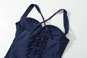Abito da donna slim fit blu scuro elegante e tinta unita con design chic di lacci dietro.