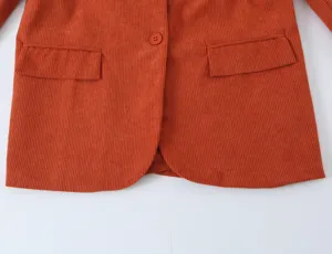 orange corduroy blazer detail, casual single-breasted jacket front view design.