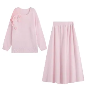 Rosa Strickpullover und Rock Set mit 3D Rosen Blumen für elegante Damen Alltag Kleidung.