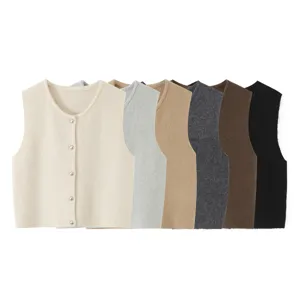 Women's knit vest cardigan crew neck sleeveless single breasted casual daily outerwear style