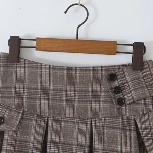 Women brown plaid pleated skirt preppy style high waist mini skirt for commute daily wear
