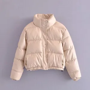 Beige faux leather puffer jacket detail, stand collar, snap button closure, elastic hem.
