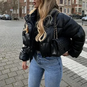 Women Casual Stand Collar Solid PU Leather Short Cotton Padded Jacket Winter Warm Long Sleeve Zipper Outerwear
