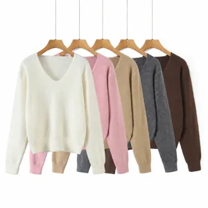 Γυναικείο Casual V-Neck Long Sleeve Sweater Solid Color Knit Pullover Slim Fit Basic Commuter Top