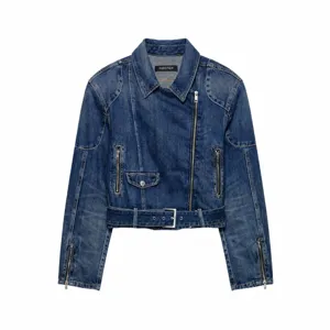 Dames Vintage Denim Motorjas Korte Bovenkleding Revers Lange Mouw Rits Met Riem Jas Lente Herfst Casual Mode