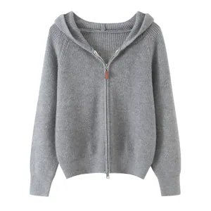 Gilet zippé en tricot gris pour femmes, sweat-shirt à capuche élégant à manches longues.